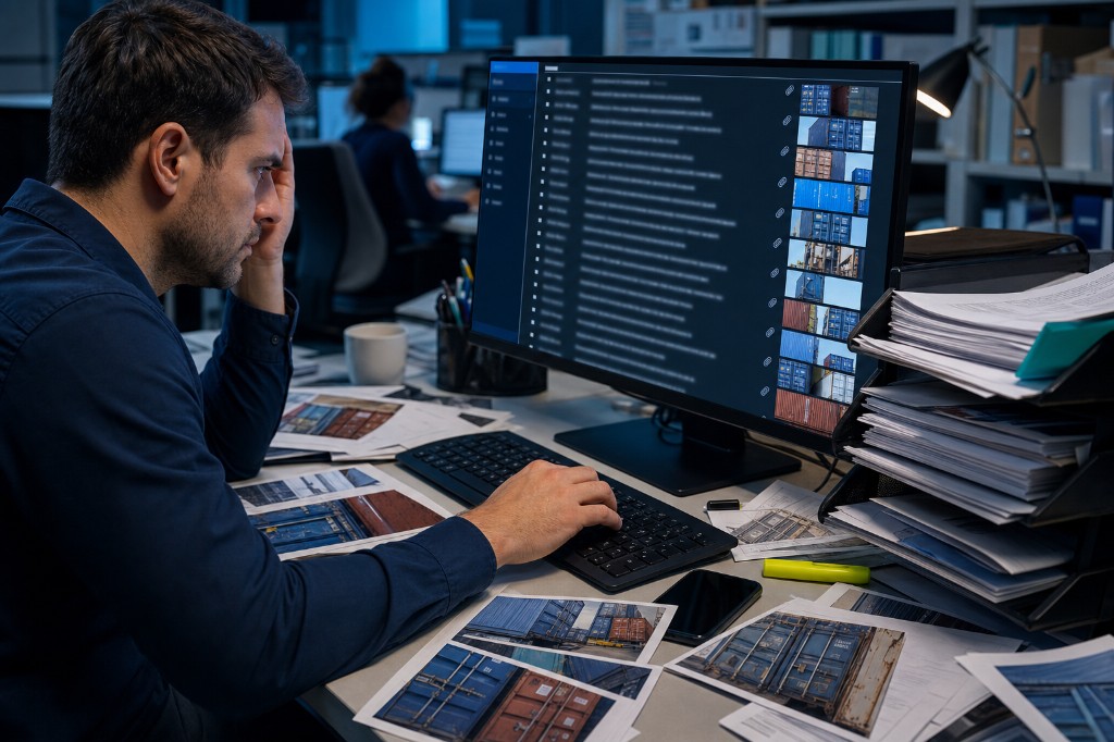 Office desk with printed container photos and an inbox-style screen during a slow evidence retrieval hunt