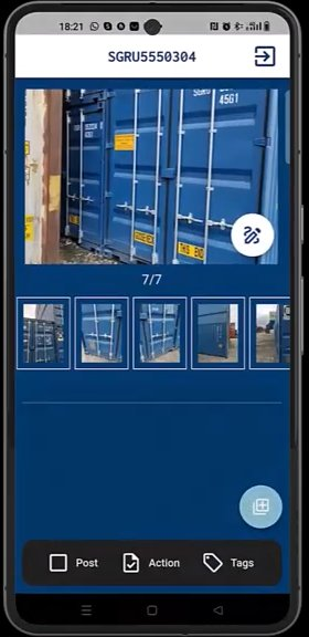 ConPDS Checker mobile app showing container SGRU5550304 with seven inspection photos linked to the validated container number — OCR auto-recognition, container-based photo gallery, and Post / Action / Tags workflow