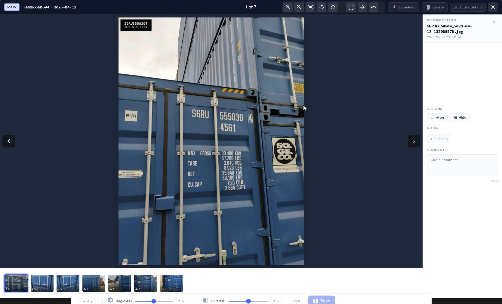 ConPDS Checker full-screen photo preview showing container SGRU5550304 with on-photo metadata stamp burnt in (container number and 2023-04-12 18:20 timestamp top-left), picture details panel with filename, After/Hide actions, notes, comments, and brightness/contrast adjustment for inspection clarity