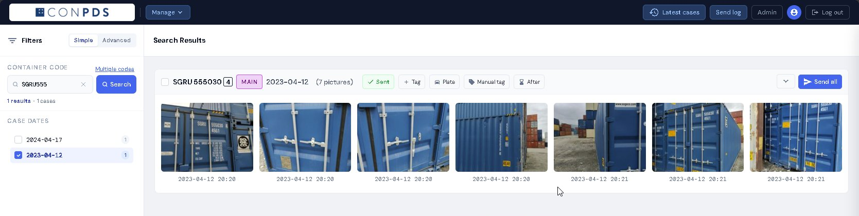 ConPDS Checker web dashboard search results — filtering by container number prefix SGRU555 returns case for container SGRU5550304 with 7 photos from 2023-04-12, marked as Sent, with Tag, Plate, Manual tag, After, and Send all actions