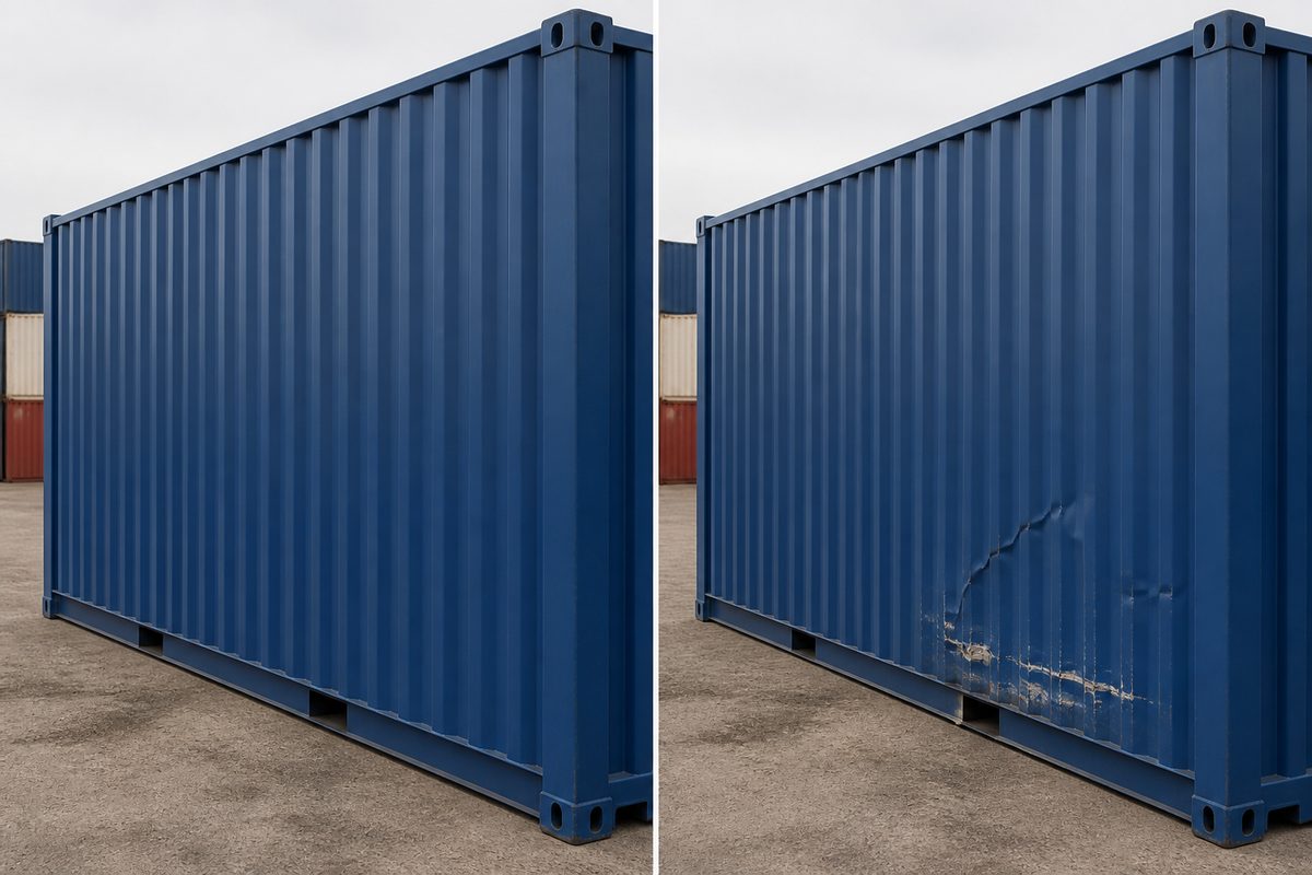 Side-by-side photos of the same container face: undamaged at pickup on the left, new dent and scrape at return on the right