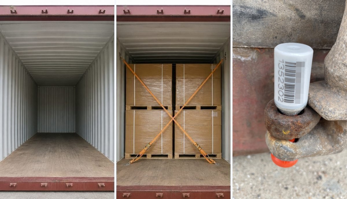 Three-panel sequence: empty container interior, palletized cargo with lashing straps, and a sealed container door bolt