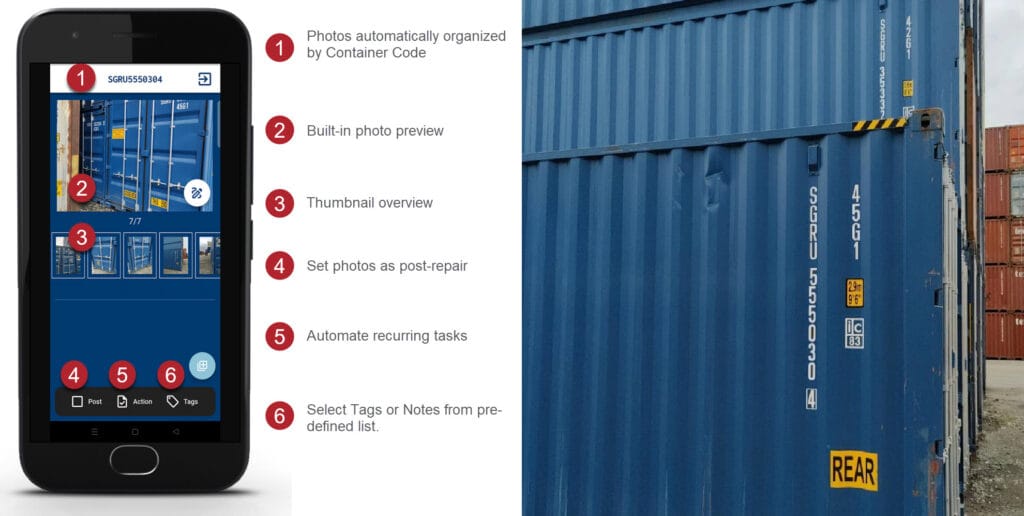 Mobile app displaying shipping container inspection features